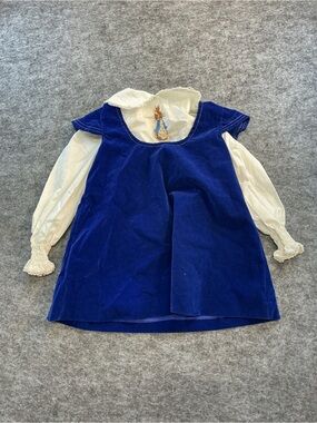 Kate Greenaway Vintage Blue Velvet Peter Rabbit Tunic Top with Cream Blouse